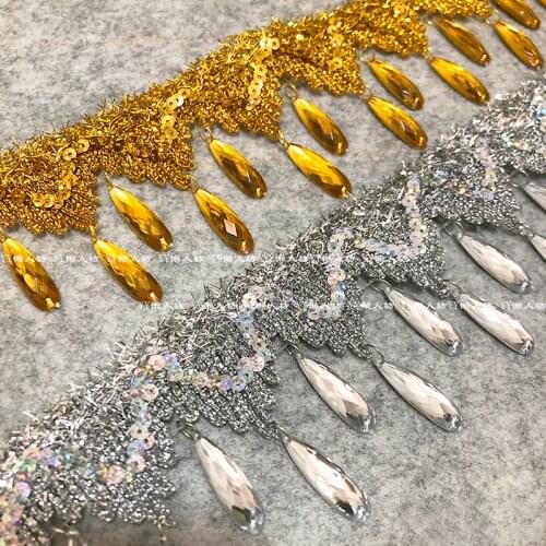 2m Gold and Silver Unilateral Sequins Handmade Gemstone Pendant Tassel Lace Stage Costume Trims Accessories 8.5-9CM