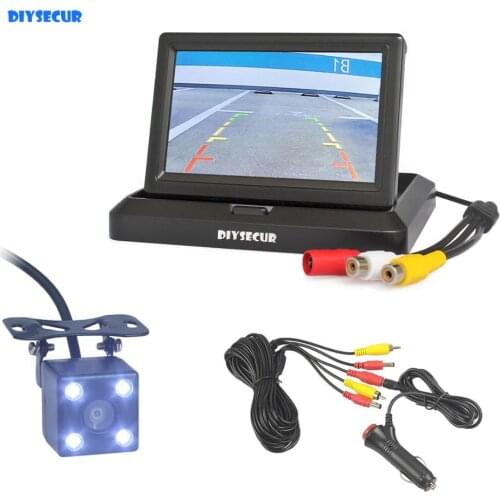 DIYSECUR 5" Foldable Rear View Monitor Car Monitor Waterproof 4 x LED Color Night Vision Rear View Car Camera Parking System