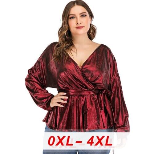 Big Size Solid Shirts Ladys Sexy Deep V-neck Nightclub Wear Sashes Lace-Up Full Sleeves Blouse 2020 Winter Christmas Hot Selling