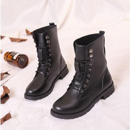 Fashion Women Boots Lace Up Round Toe Motorcycle Black Boots Female Shoes Square Heel Winter Boots Women Gothic Shoes Size 35-42