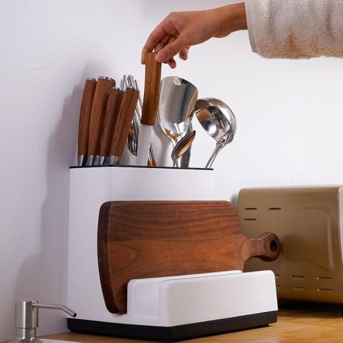 Kitchen Utensil Holder Plastic Knife Block with Drainboard Tableware Cutting Board Storage Rack Shelf Kitchen Organizer