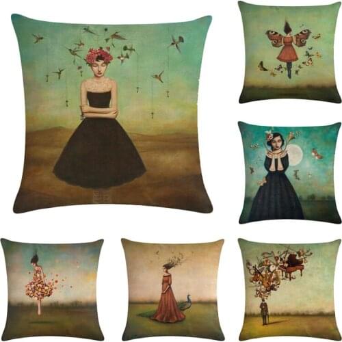 Flower Girl Pattern Cotton Linen Throw Pillow Cushion Cover Home Decoration Sofa Bed Decor Decorative Pillowcase