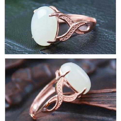 S925 Sterling Silver Inlaid Xinjiang Natural Hetian Jade Ring Mens and Womens White Jade Ring