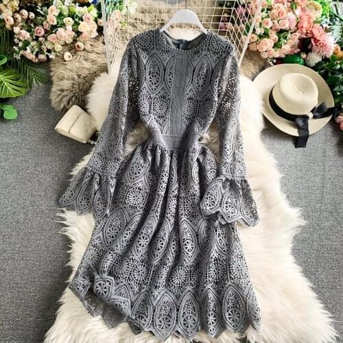 Autumn High Waist Long Sleeve Lace A-Line Boho Dresses Women Dress Party Elegant Spring Embroidery Solid Grey 2021 Vintage Robe