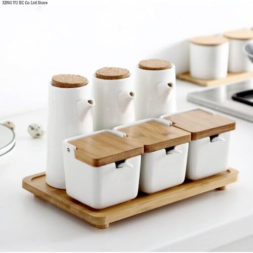 Kitchen Household Ceramic Seasoning Jar Seasoning Box Oil Bottle Vinegar Pot Soy Sauce Pot Storage Bottle Multi-combination Set