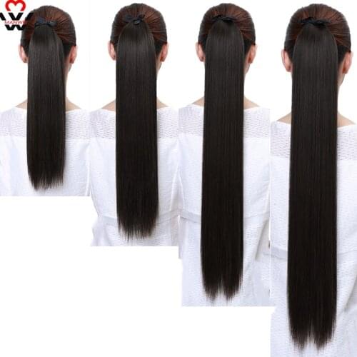 MANWEI Long Straight Ribbon Drawstring Fake Ponytails Clip on Hair Tail Extensions Synthetic Natural Hair Pieces With Hairpins