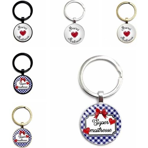 New Popular "merci Maitresse" Badge Glass Cabochon Vintage Keychain Charm Car Key Ring Pendant Gift Jewelry Pendant