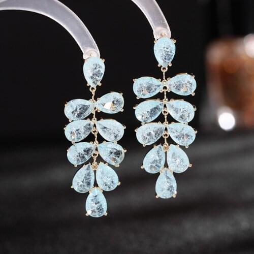 New European And American Blue Ice Cracked Gem Earrings Fashion Long Tassel Leaf Grape Bunch Elegant Sweet Earrings Women