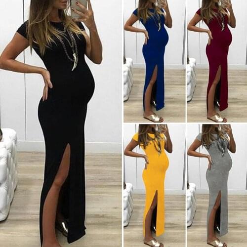 Maternity Wear Fashion Womens Solid Color Round Neck Short-sleeved Tight-fitting Slit Dress Pregnant Women Sexy Summer Clothes