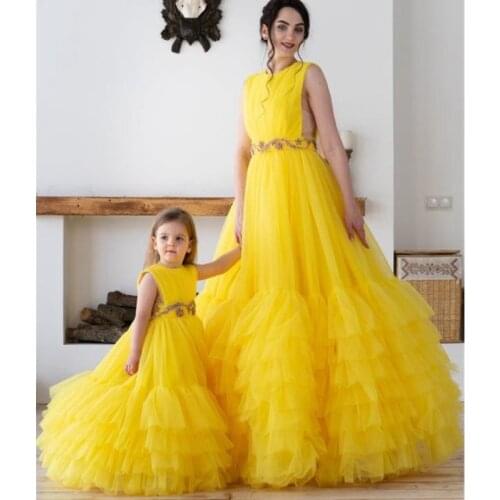 Lovely Girls A-Line Mommy & Me Tulle Dress Tiered Women Kids Tulle Skirt Dresses Long Maxi Wear Mother & Daughter Custom Made