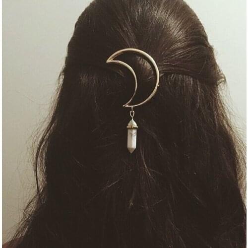 Crescent Moon Hair Clips Quartz Vintage Bullet Natural Stone Hexagon Prism Charming Hairpin Headwear Gifts Headdress For Women