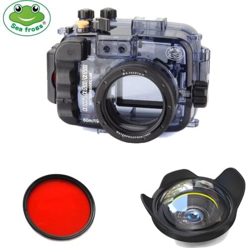 Seafrogs 60m/195ft Waterproof Underwater Camera Housing Case for Sony Alpha A6000 A6300 A6500 (Housing + Cover + Red Filter)
