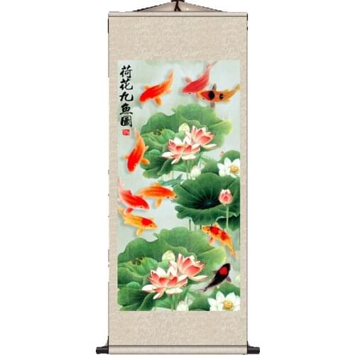 Silk painting gift / Lotus Nine fish Figure / Figure silk scroll painting lotus / Interior painting / Chinese Painting
