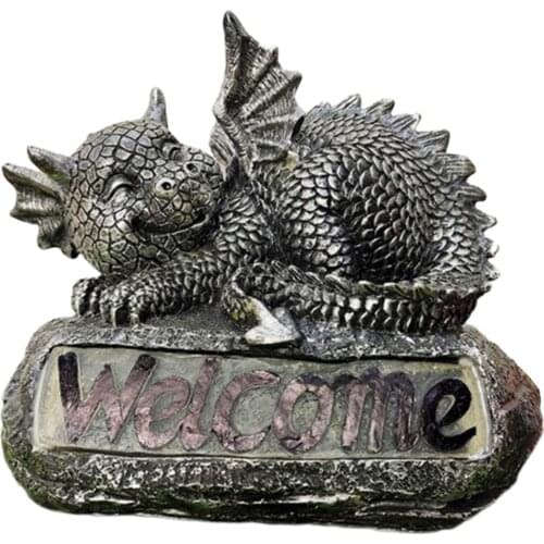 Solar Powered Light Welcome Sign Polyresin Sleeping Dragon Statue Garden Ornaments, Beautiful Fairy Garden Figurines