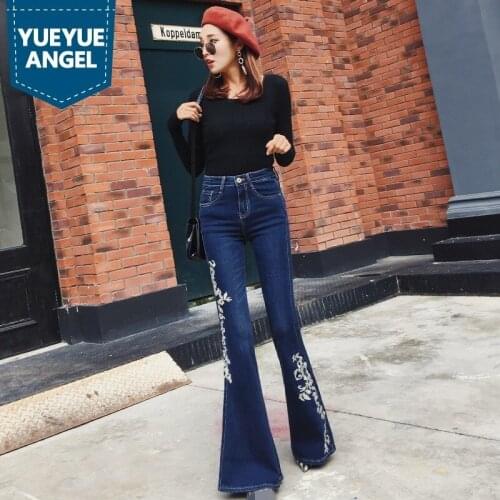 Embroidery Vintage Zipper Flare Jeans Women High Waist Slim Casual Bell-Bottomed Pants Office Lady Denim Trousers Streetwear