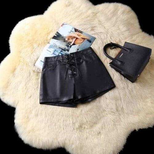 Elegant Black Genuine Leather Shorts Women Sexy Winter Low Waist Shorts Casual Streetwear Female Shorts Skirts Lace Up Big Size
