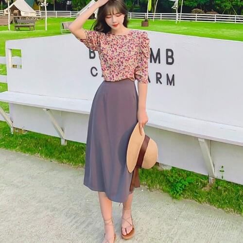 2021 Summer Elegant Floral Slim Two Piece Set Women Puff Sleeve Pullover Blouse & High Waist Zipper Wrap Hips Skirts