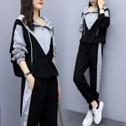 2020 Spring Stitching Color Tracksuit Womens Casual Sports Suit Sweatshirt and Sweatpants Jogging Femme 2 Pieces Set Sweatsuit