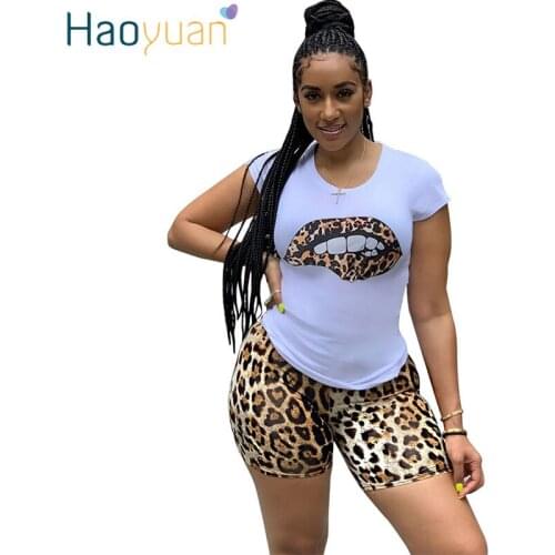 ZOOEFFBB Plus Size Two Piece Set for Women Tracksuit Lips Short Sleeve Top Leopard Shorts Sweat Suit 2 Pcs Outfits Matching Sets