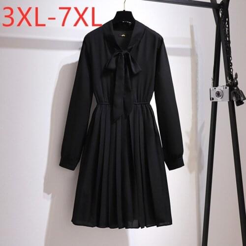 New 2021 Ladies Spring Autumn Plus Size Mini Shirt Dress For Women Large Long Sleeve Black Bow Pleated Dress 3XL 4XL 5XL 6XL 7XL