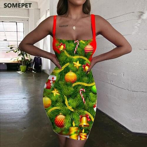 SOMEPET Christmas Dress Women Trees 3d Print Gift Halter Sleeveless Party Sundress Womens Clothing Summer Vintage Boho Fashion