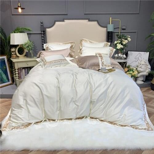 1000TC Egyptian Cotton Gold Embroidery Edge Duvet Cover White Grey Solid Bedding set QUEEN KING Size 4/7Pcs Fitted/Bed sheet set