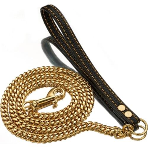 51"Black Genuine Leather Stainless Steel Gold Miami Chain Pet Safety Anti-lost Collars Dog Supplies Walking Training Leash Strap