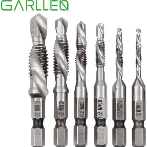 GARLLEN 6 pcs HSS Hexagon Shank Metric Hand Tap Drill Bit Countersink Screw Thread For Soft Tapping Metal Aluminum Wood Plastic
