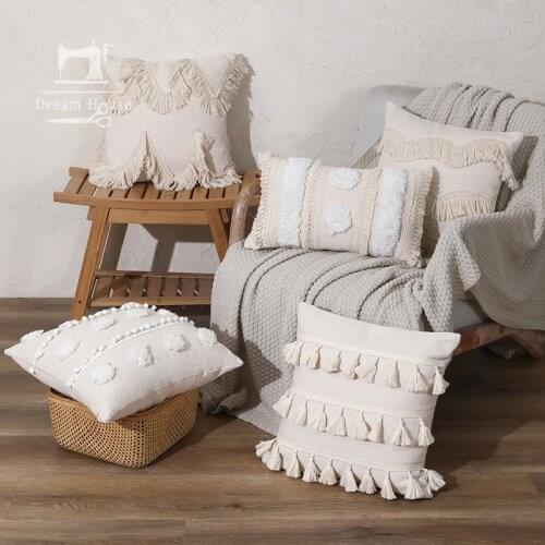 Beige Cotton Jacquard Cushion Cover Decoration Tassels Embroidery Pillow Cover 45x45cm Home Sofa Bohemia Pilow Case 30x50cm