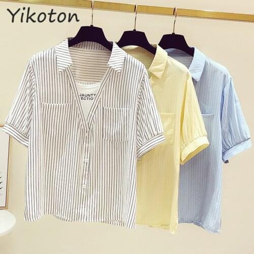 Fake Two Piece Blouse V-Neck Stripe Womens Clothing 2021 Summer Blouses and Shirts Elegant Simplee Korean Fashion Casual Blouse