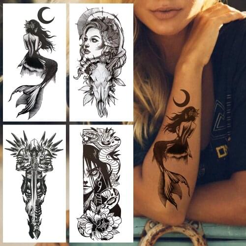 Black Mermaid Temporary Tattoo For Women Men Warrior Moon Illustration Fake Tattoo Sticker Waterproof Portrait Fake Tatoos Waist