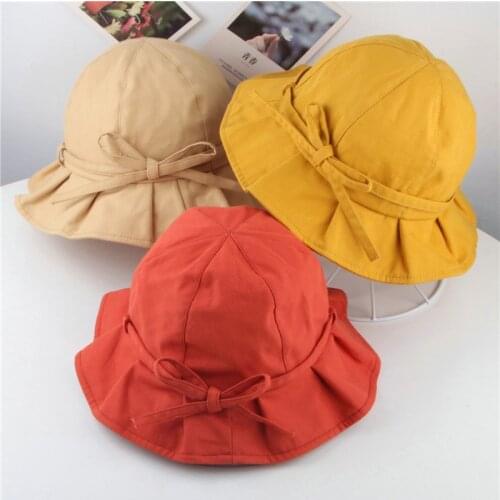 Cute Bows Kids Hat Spring Summer Kids Girl Bucket Cap Outdoor Solid Color Princess Children Beach Fisherman Sun Hat