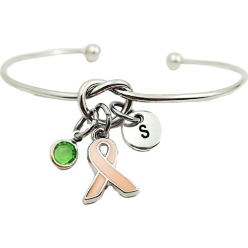 Breast Cancer Creative Initial Letter Monogram Birthstone Adjustable Bracelet Fashion Jewelry Women Gift Accessories Pendant