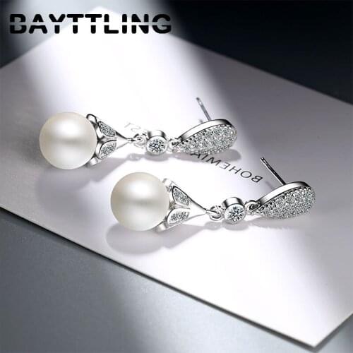 BAYTTLING AAA Zircon 925 Sterling Silver Round Pearl Drop Earrings For Woman Lady Fashion Party Gift Earrings Jewelry