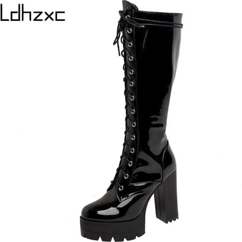 LDHZXC 2020 Patent Leather White Knee High Boots winter Ladies Platform Boots High Heels Fashion Nightclub Patry Shoes Wholesale