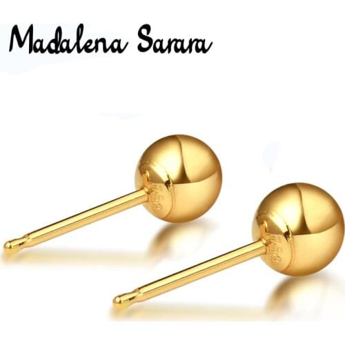 MADALENA SARARA Fashion Trendy Women Round Ball Stud Earrings Pure 18K Gold 100% Quality Guarantee Heart Style