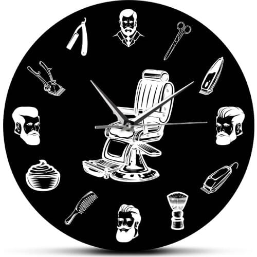Hair Salon Stylist Equipment Men Barber Shop Sign Barber Chair Wall Clock Haircut Barbershop Retro Black Wall Clock Silent Sweep