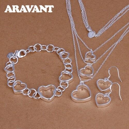 Bridal Jewelry Set 925 Silver Jewelry Love Heart Layered Necklace Chains Bracelet Dangle Earrings For Women Silver Jewelry