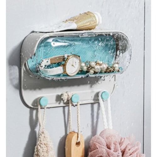 T5EF Wall Mounted Bathroom Storage Rack Self-Adhesive Glasses Shelves Waterproof Jewelry Holder Organizer with Lid Towel Hook