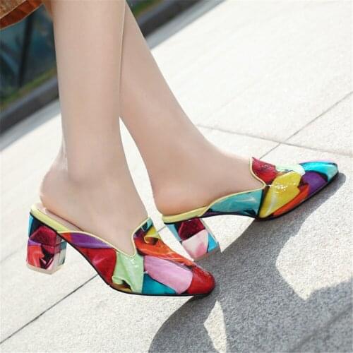 New arrivel Cow Genuine Leather Colorful Printing Square High Heels Women Pumps square toe Party dress Mules Shoes Woman