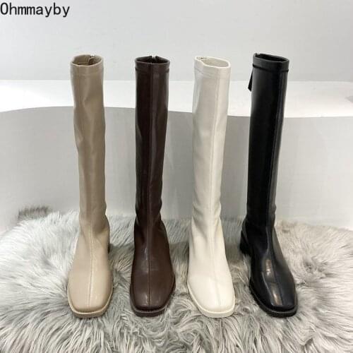 2021 Women Knee-High Leather Boots With Wide Calf Zipper Fashion Square Toe Blakc Female Sexy Long Boots Winter Womens Shoes
