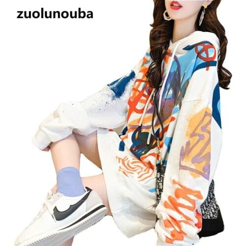 2020 Autumn And Winter Loose Casual Graffiti Printed Girl Hoodie Mid-length Fashion All-match Harajuku Commuter Ladies Pullover