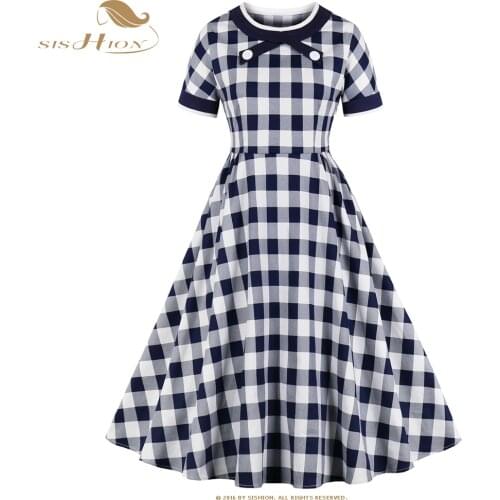 Short Sleeve Autumn Plaid Dress VD1566 Blue and White A Line 50s 60s Cotton Vintage Retro Party Midi Dress vestidos