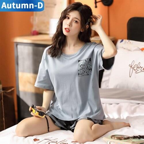 Womens Pajamas Suit Cotton Comfortable Daily Girlish Short Sleeve Shorts Set Crew Neck Nightgown Spring Summer Clothes For Home