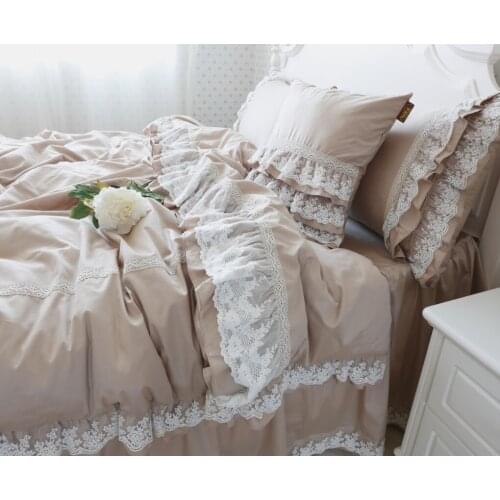 Amazing luxury bedding set Khaki embroidery ruffle lace duvet cover bed sheet bedspread princess bed linen bow pillowcase HM-18S