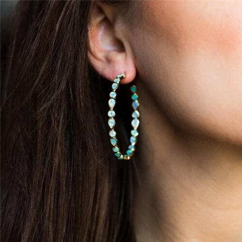 Tribal Green Blue Teardrop Opal Hoop Earrings Women Fashion Gold Color Big Round Circle Statement Earring Jewelry