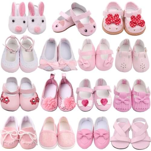 18 Inch American Doll Girls Shoes Pink Princess Dress Shoes Newborn Baby Toys Accessories Fit 40-43 Cm Boy Dolls Gift s15
