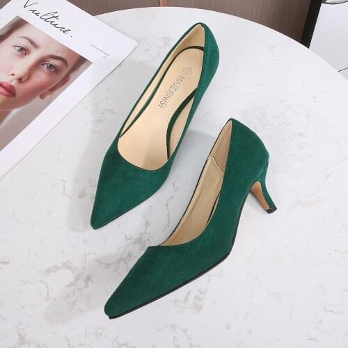 5cm Mid high heels office ladies shoes soft flock kitten female shoes pumps size 46 concise comfortable work women shoes green