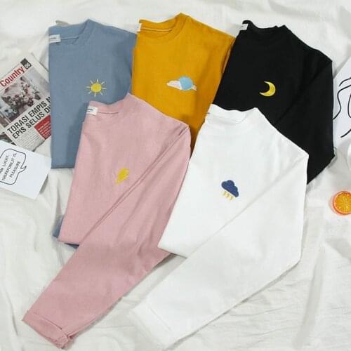 Spring Student Weather Embroidery T Shirt Autumn Long Sleeve Casual Loose T-shirt Korean Ulzzang Women T-shirts Black White Tops