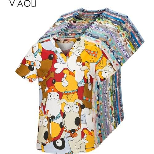 Viaoli Cotton Cartoon print spa uniform beauty salon Pet shop uniform Fashion Slim Fit top scrub clothes women scrubs lab coat